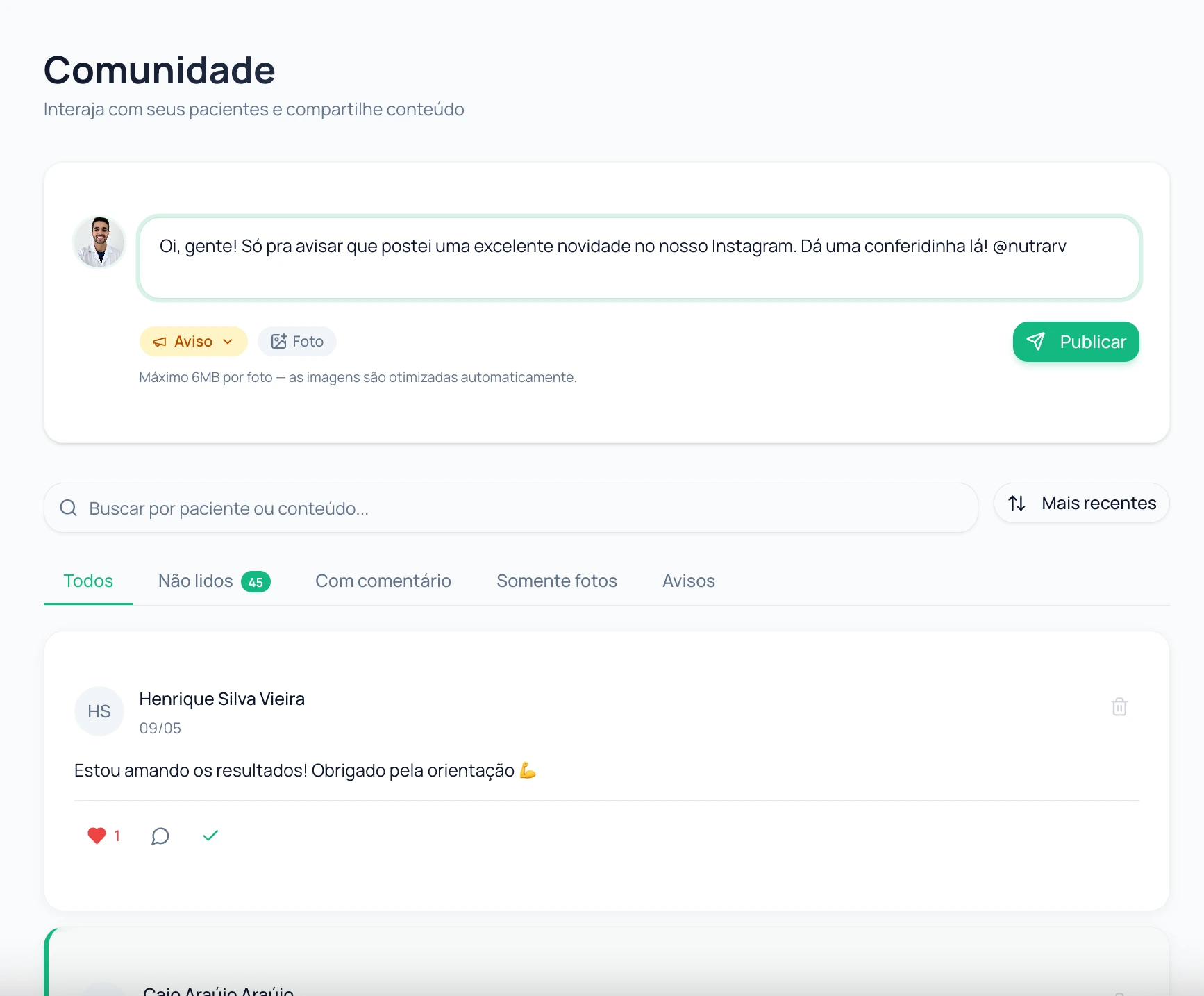 Comunidade — canal direto com os pacientes