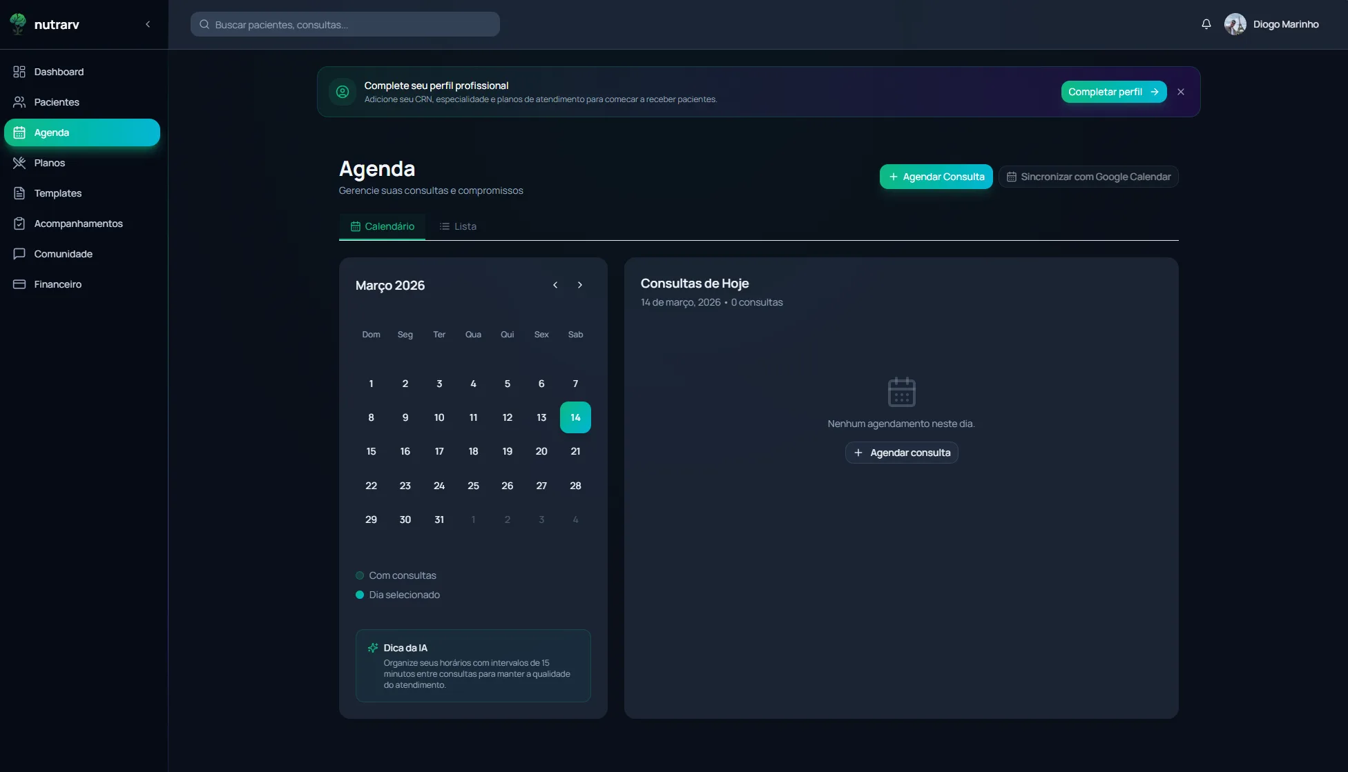 Agenda inteligente do Nutrarv